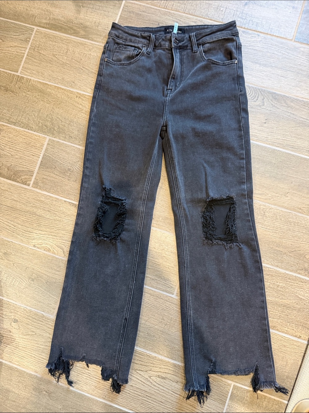 Women's Risen Black Distressed Wide-Leg Jeans